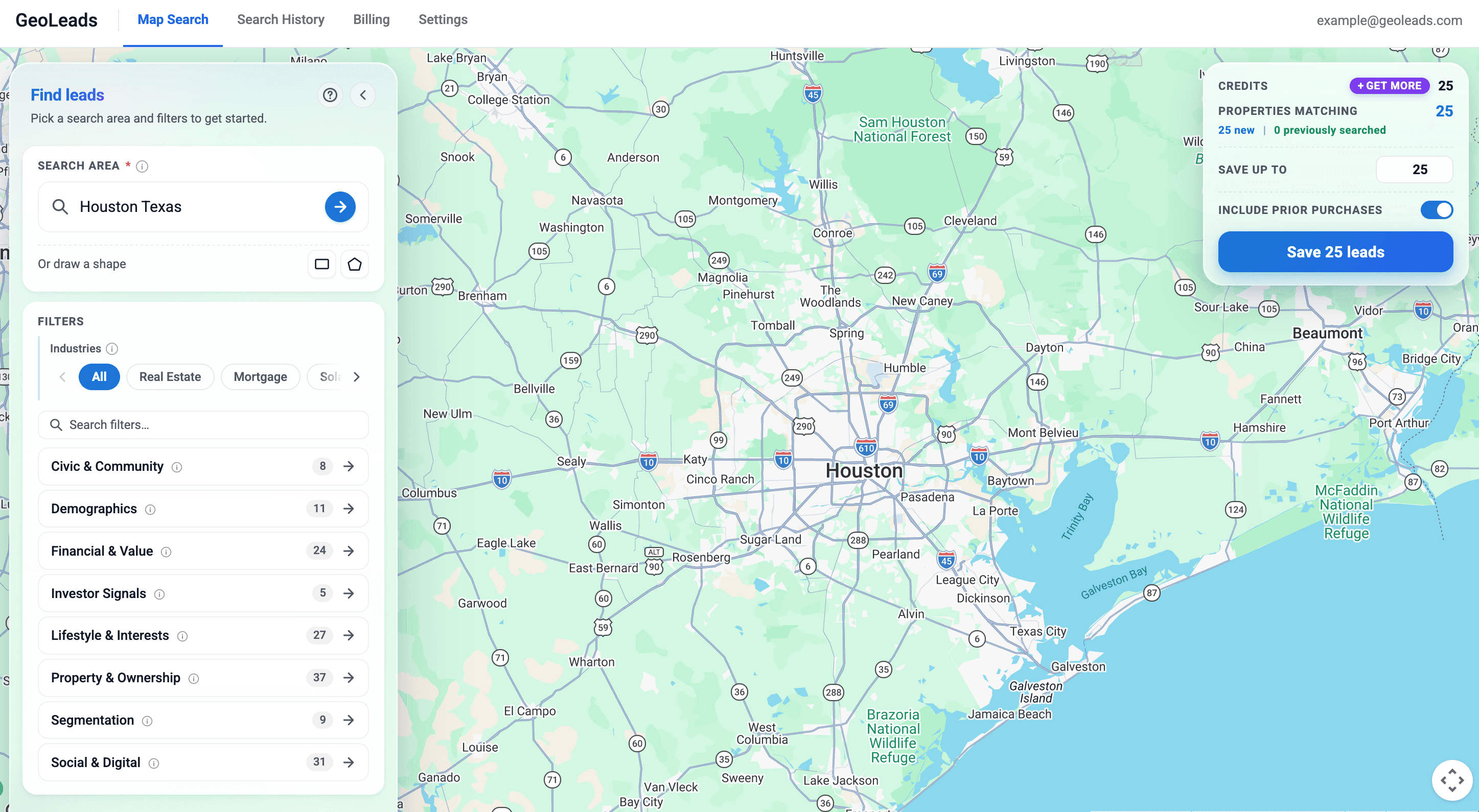GeoLeads map with matching hvac customers across a neighborhood