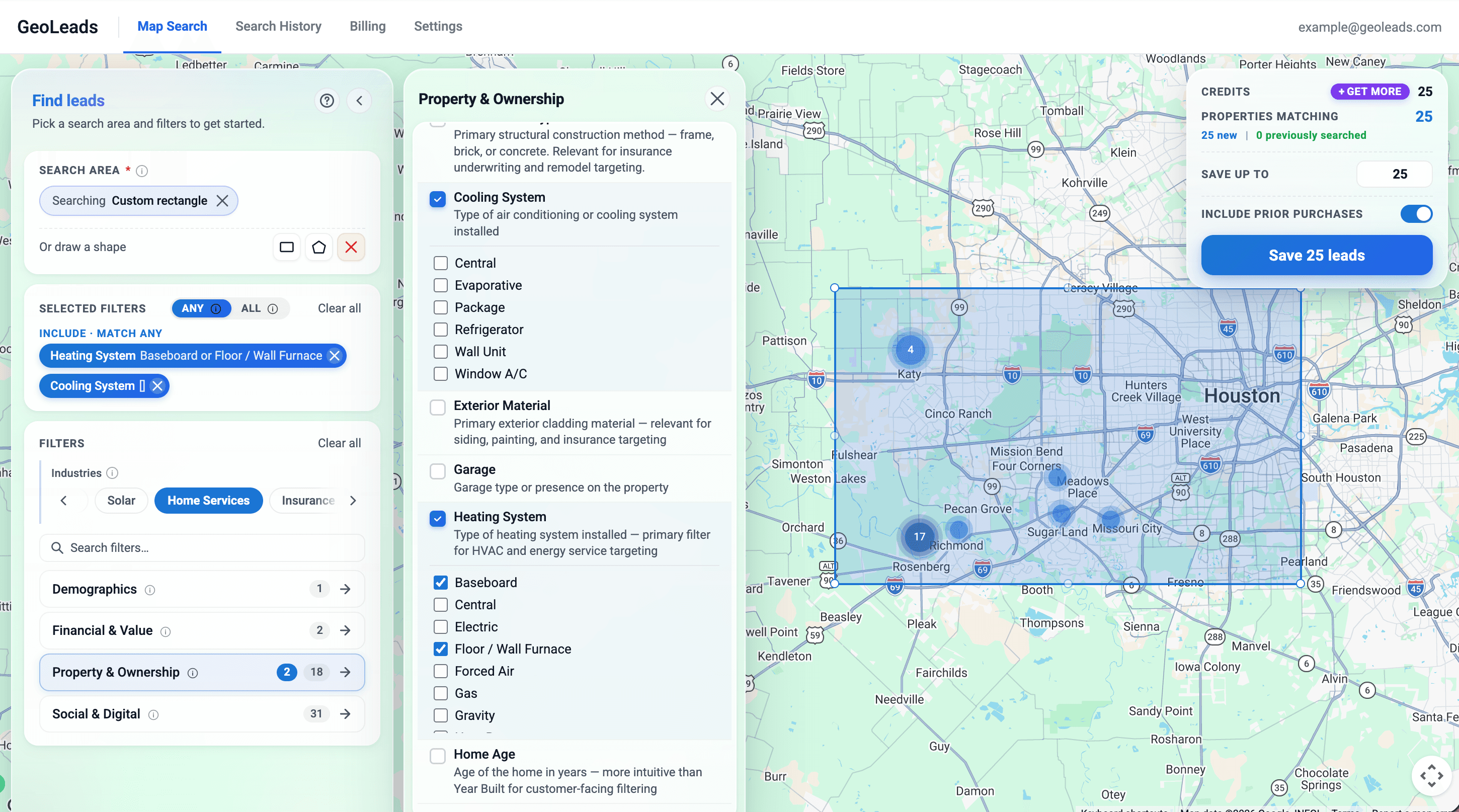 GeoLeads search and filter panel